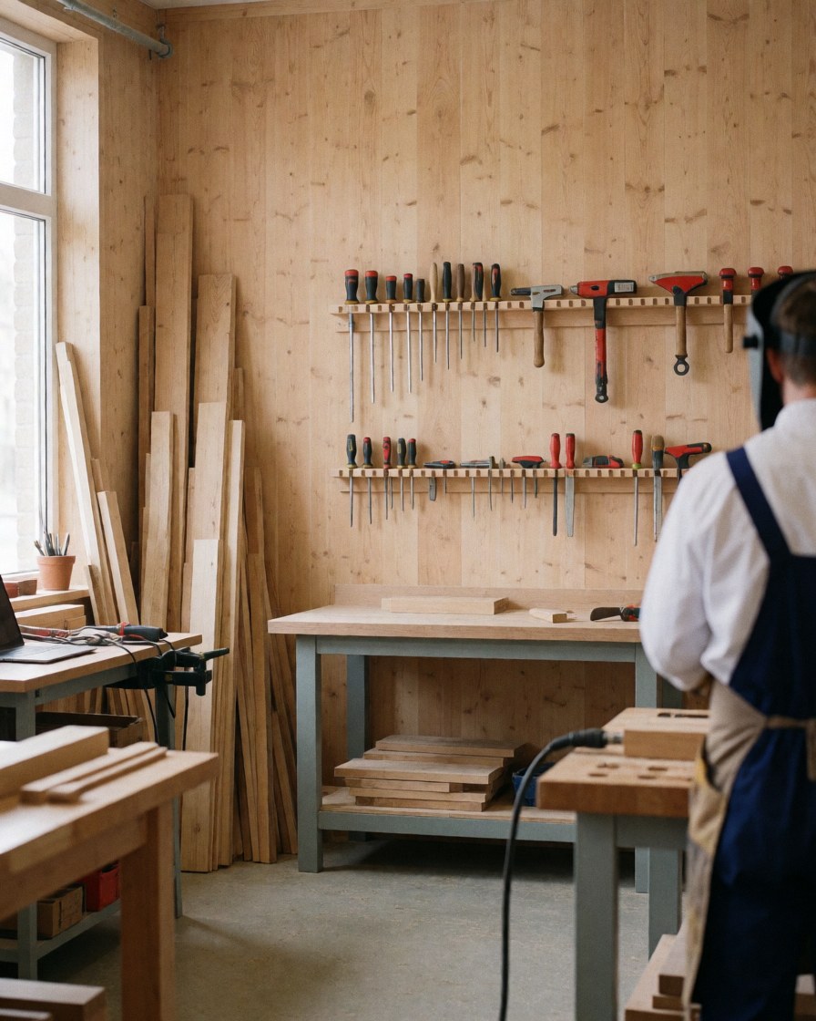 Menuisier portant un tablier travaillant dans un atelier avec des outils et des planches de bois, des murs en bois et une lumière naturelle.