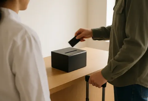 Une cliente place sa clé dans une boîte noire sur le bureau en bois de l'accueil de l'appart-hôtel, avec une valise à côté.