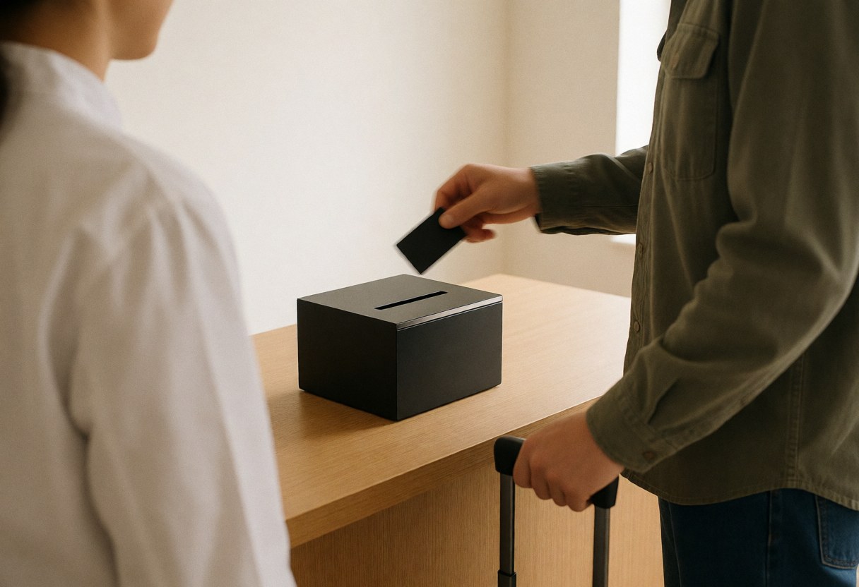 Une cliente place sa clé dans une boîte noire sur le bureau en bois de l'accueil de l'appart-hôtel, avec une valise à côté.