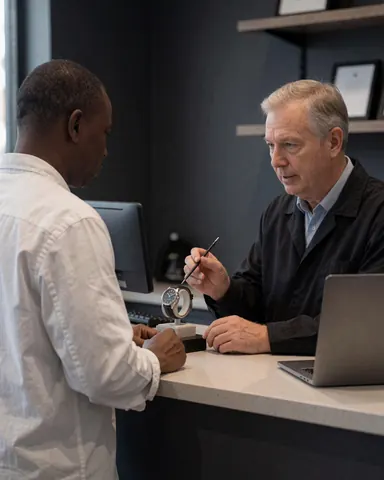 Un horloger professionnel ajuste un garde-temps sur un support devant un client dans un atelier aux murs gris.
