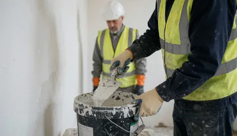 Un ouvrier en tenue de sécurité mélange du ciment blanc avec une pelle dans une salle de bain en construction.