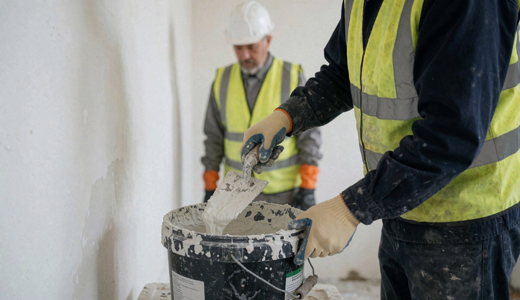 Un ouvrier en tenue de sécurité mélange du ciment blanc avec une pelle dans une salle de bain en construction.