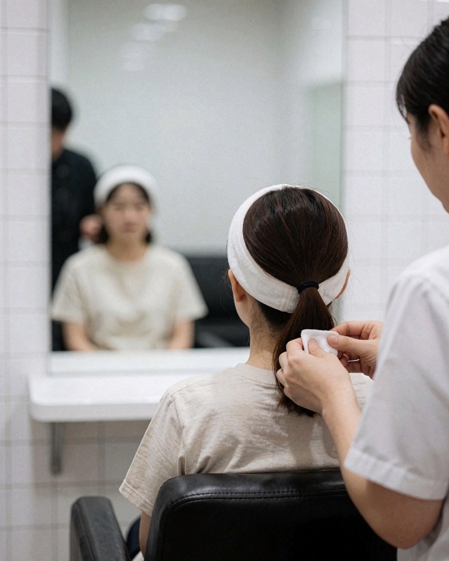 Thérapeute appliquant un produit facial sur un client assis dans un salon de beauté moderne aux murs carrelés blancs.