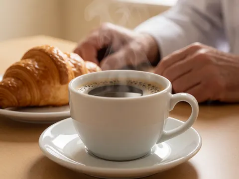 Tasse de café noir fumante et croissant doré sur une assiette, mains d'adulte en arrière-plan, mur beige et éclairage chaleureux pour une boulangerie.