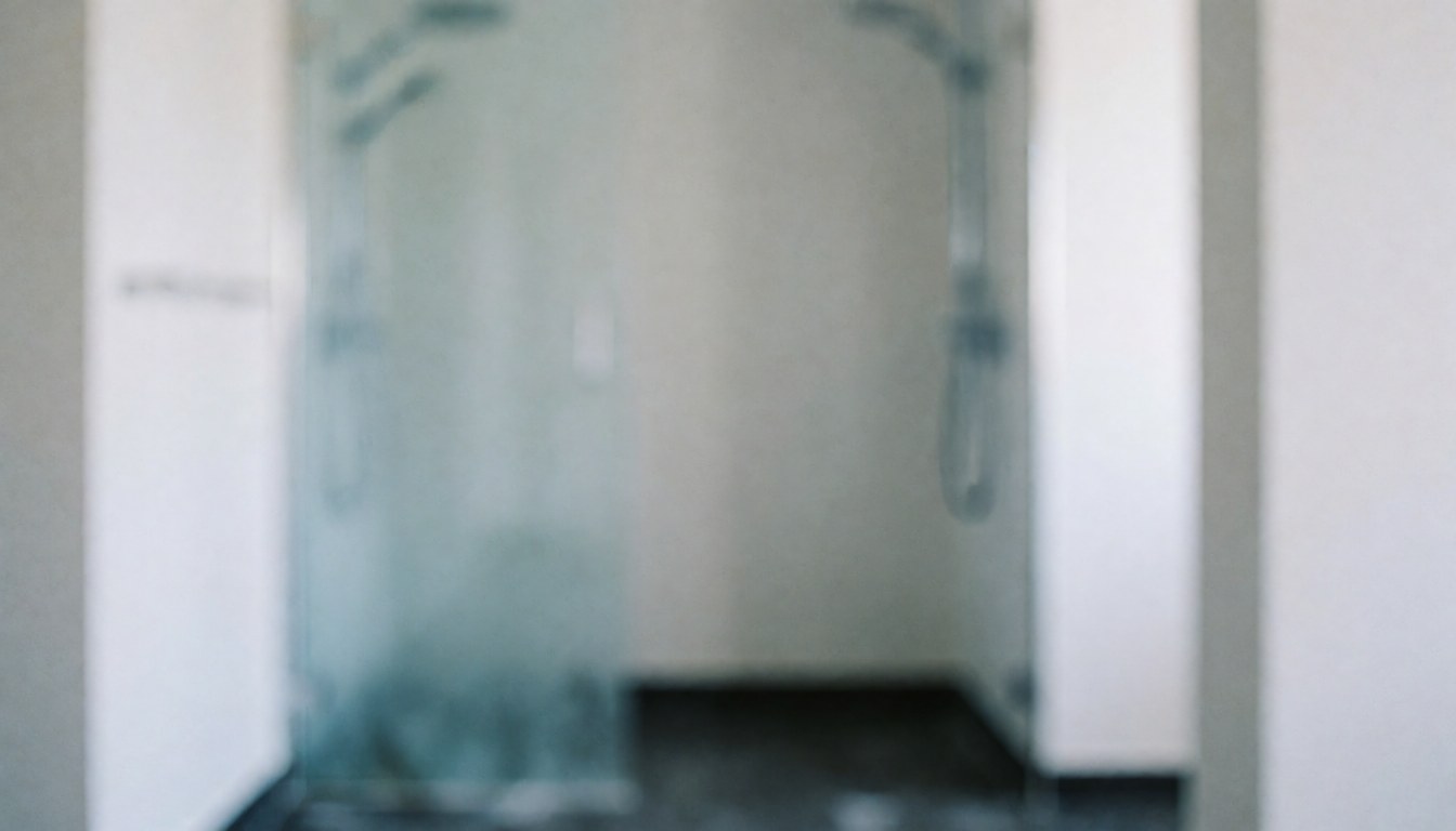 Arrière-plan flou d'une salle de bain en phase d'étanchéité avec murs blancs, sol sombre et éclairage diffus, idéal pour textes commerciaux.