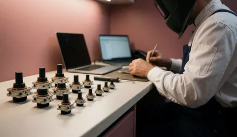 Technicien réparant les sticks de manette de console dans un atelier avec des murs roses et des ordinateurs portables, montrant des outils et des composants.