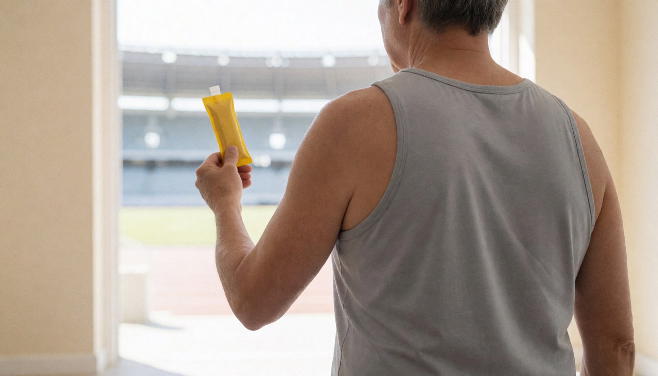 Athlète de dos tenant un gel énergétique jaune devant une piste d'athlétisme avec des murs beige, idéal pour la couverture d'un site de coach d'athlétisme.