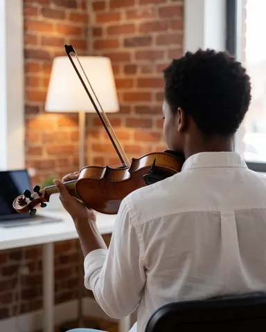 Un étudiant pratique son violon dans un studio de musique doté d'un mur en briques et d'un éclairage chaleureux.