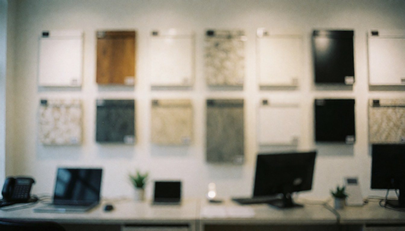 Fond de showroom présentant des échantillons de fenêtres fixés sur un mur, idéal pour illustrer des textes sur l'installation de fenêtres et les matériaux de construction.