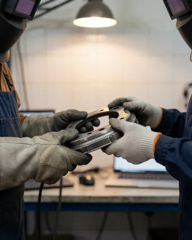 Des mains portant des gants de sécurité examinent attentivement une pièce métallique soudée dans un atelier industriel.