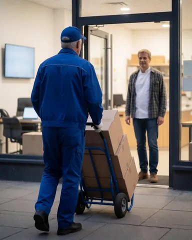 Livreur de dernière mile transporte des cartons avec un chariot bleu vers une porte vitrée où un client attend.