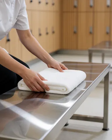Des mains plient une serviette blanche sur un banc en acier inoxydable dans un vestiaire de piscine avec des casiers en bois et une lumière vive.