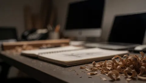 Copeaux de bois et carnet de croquis sur une table de travail dans un atelier de menuiserie, avec des ordinateurs en arrière-plan, idéal pour du texte.