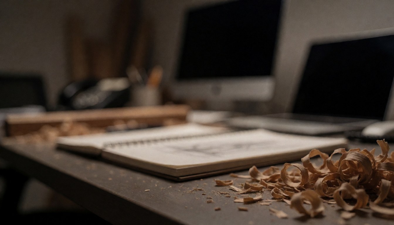Copeaux de bois et carnet de croquis sur une table de travail dans un atelier de menuiserie, avec des ordinateurs en arrière-plan, idéal pour du texte.