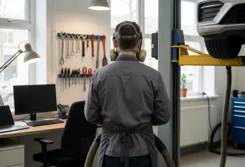 Un ouvrier équipé d'un respirateur et de tuyaux d'exposition se tient devant un véhicule sur un élévateur dans un atelier de carrosserie bien organisé.