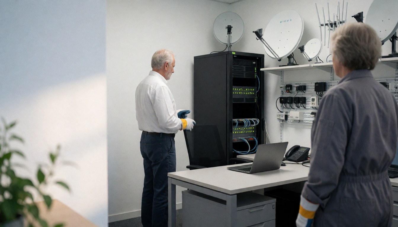 Un technicien examine un rack de serveurs dans un local technique. Des antennes satellitaires et des câbles réseau sont visibles en arrière-plan.