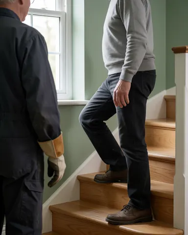Une cliente monte un escalier en bois pendant qu'un technicien en gant observe la scène dans un intérieur avec un mur vert et une lumière naturelle.