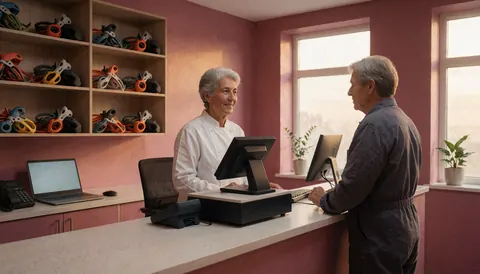 Caisse et client dans un magasin d'escalade, avec casques et équipement sur des étagères, murs roses et lumière de coucher de soleil.