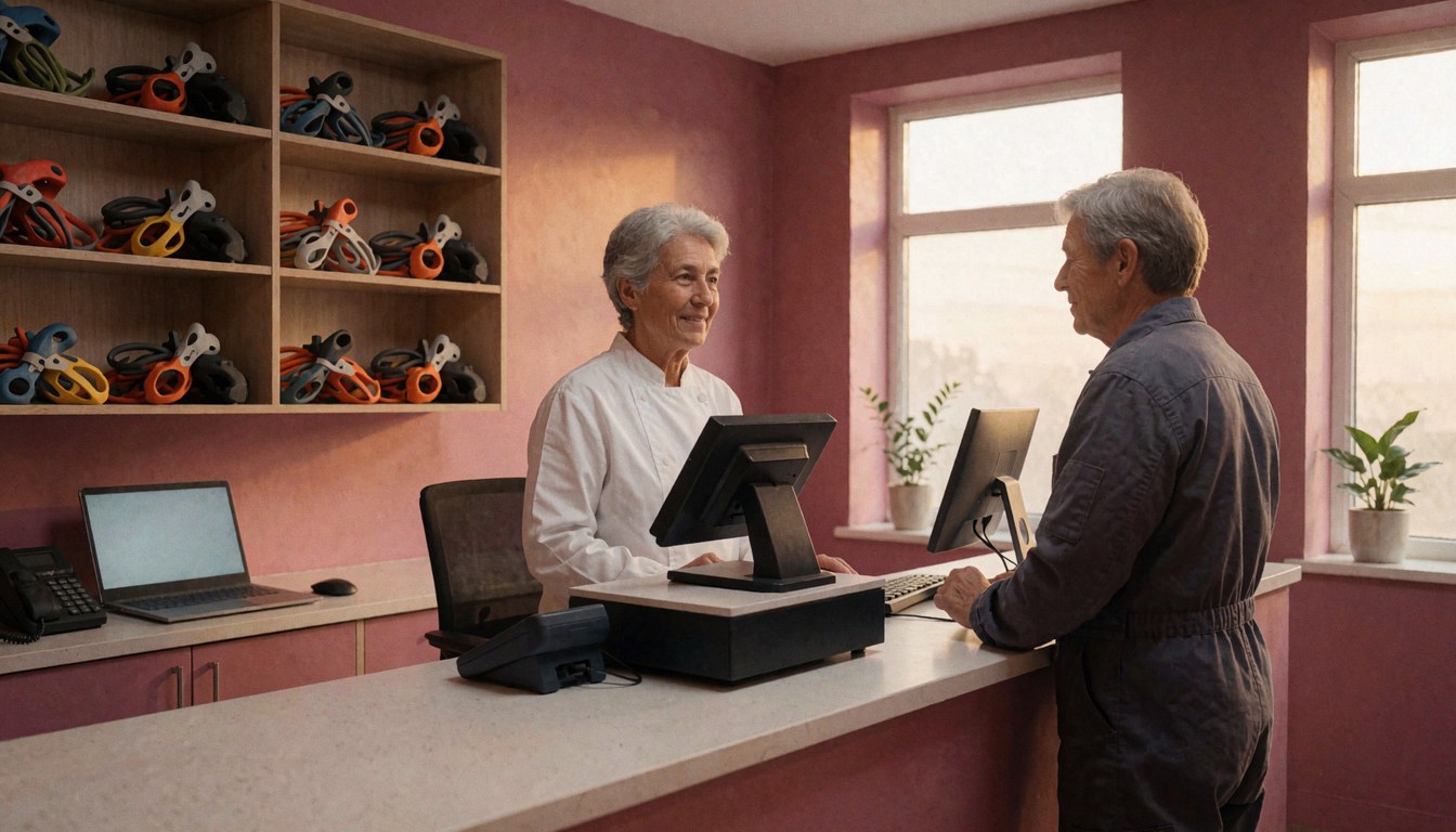 Caisse et client dans un magasin d'escalade, avec casques et équipement sur des étagères, murs roses et lumière de coucher de soleil.