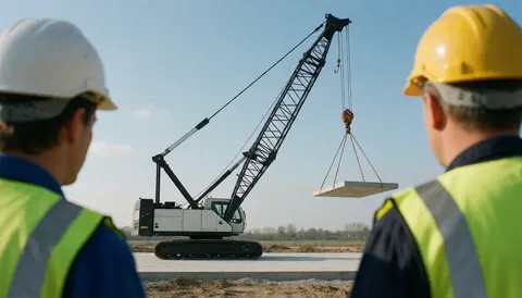 Grue à roues en train de soulever un bloc de ciment sur un chantier, avec des travailleurs portant casques et gilets de sécurité qui observent l'opération.