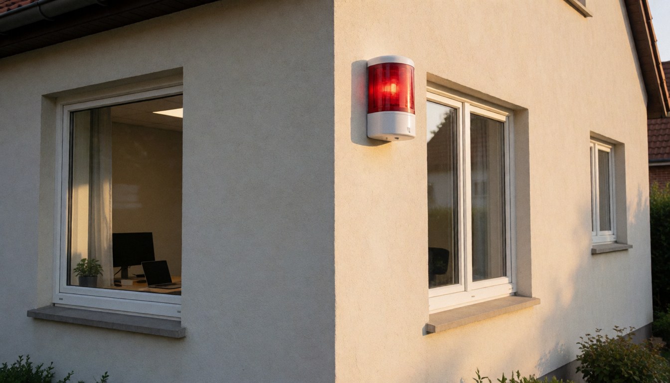 Sirène d'alarme rouge et blanche fixée sur un mur extérieur de maison, éclairée par la lumière chaude du coucher de soleil, avec une fenêtre montrant l'intérieur d'un bureau.