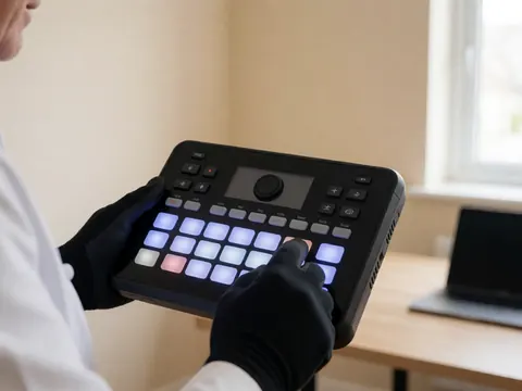 Une main portant un gant noir ajuste les boutons lumineux d'un contrôleur professionnel sur fond beige, évoquant la coordination d'événements et la gestion technique.