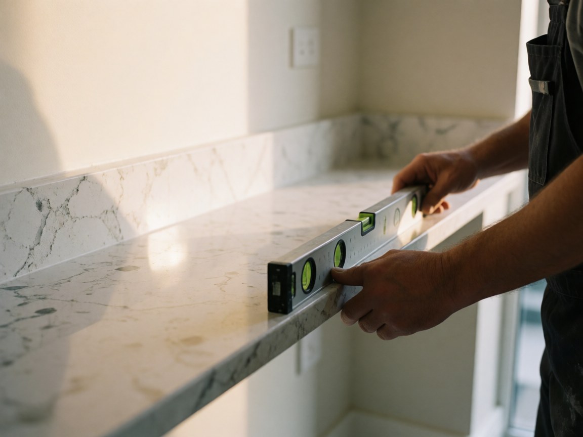 Installateur de cuisine utilisant un niveau sur une surface en marbre blanc avec des veines grises, dans un environnement lumineux à murs blancs.