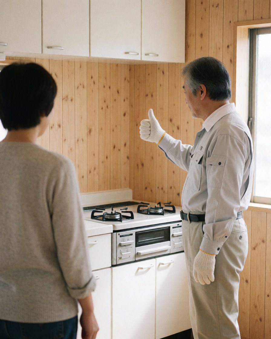 Un technicien portant des gants fait un signe d'approbation devant une cuisinière neuve dans une cuisine aux murs en bois clair.