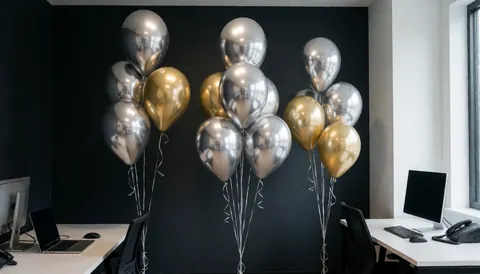 Des ballons argentés et dorés ornent un bureau moderne avec des tables et des ordinateurs, idéal pour des événements d'entreprise.