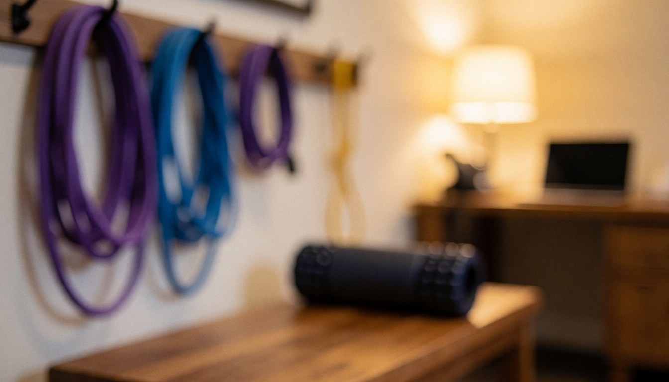 Fond de récupération avec cordeaux de stretching violets et bleus suspendus et rouleau de massage noir sur banc en bois, éclairage chaleureux pour entraîneur de crossfit.