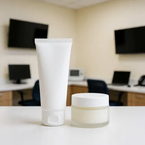 Tube blanc et pot d'hydrocolloïde posés sur une table blanche dans un bureau médical aux murs beige et au mobilier moderne.