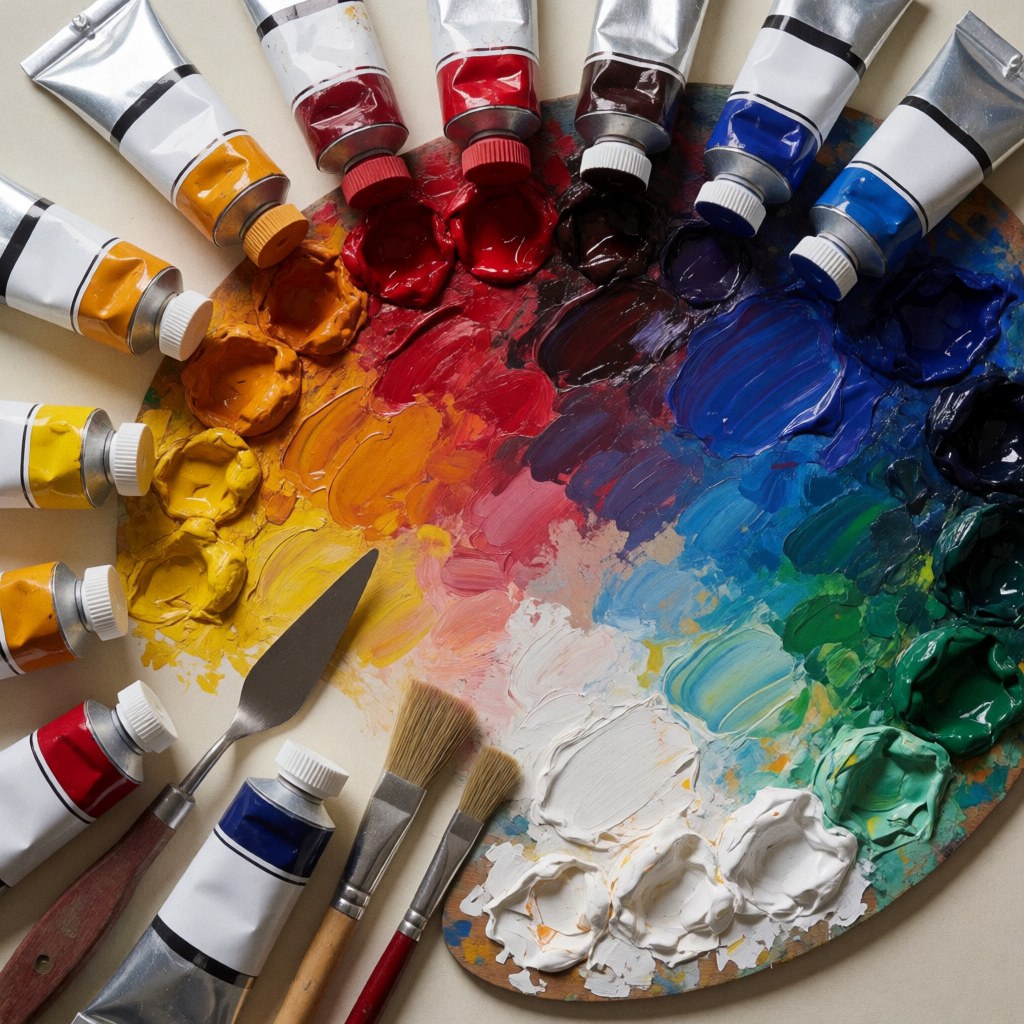 Palette de peinture contenant des taches de couleurs vives mélangées, accompagnée de tubes de peinture et de pinceles, idéale pour illustrer des cours de peinture professionnelle.
