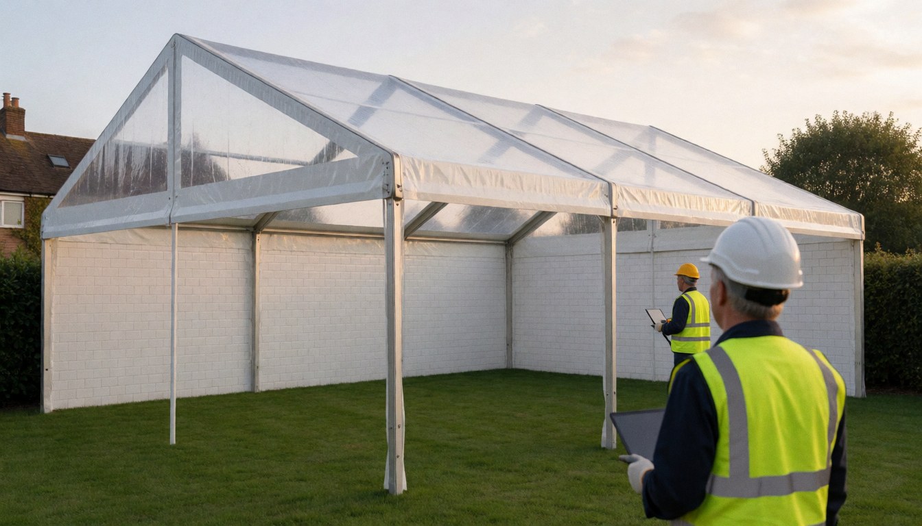 Deux ouvriers en tenue de sécurité installent une grande tente transparente dans un jardin, préparant le lieu pour des événements en plein air.