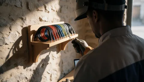 Un technicien travaille avec des câbles de charge sur un mur en pierre, sous une lumière solaire dramatique, illustrant l'organisation et la préparation dans un environnement de travail.