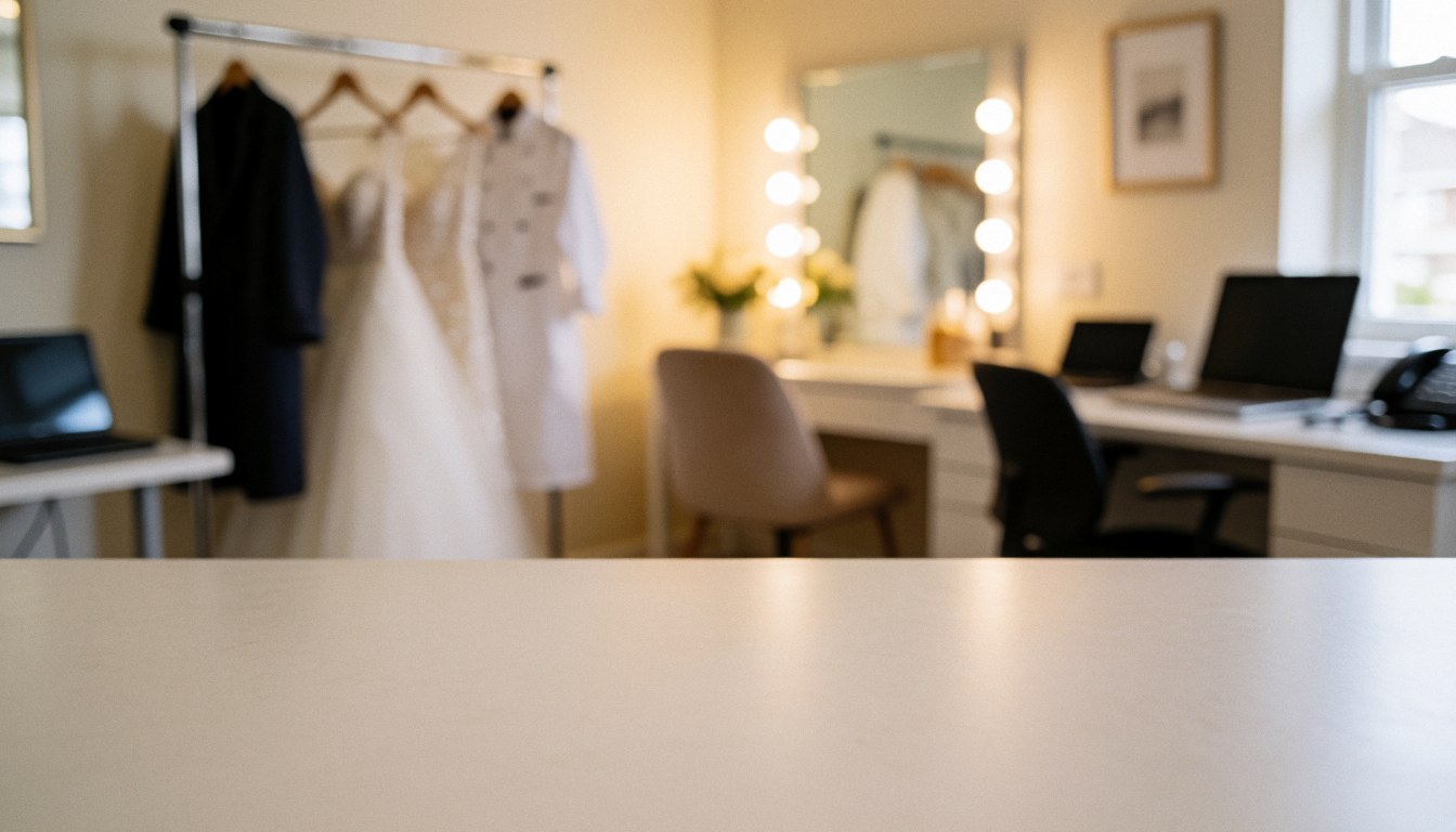 Fond de préparation nuptiale avec robe de mariée, vêtements de marié et miroir avec lumières, idéal pour les annonces d'organisateurs de mariages