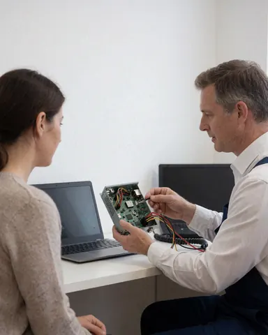 Un technicien montre une carte de circuit réparée à un client dans un bureau aux murs blancs, lors d'une réparation de télévision.