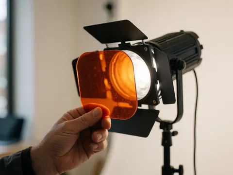 Une main tenant un filtre gel orange devant une lumière de studio, détail d'un outil pour photographes de portrait dans un studio professionnel à murs blancs.