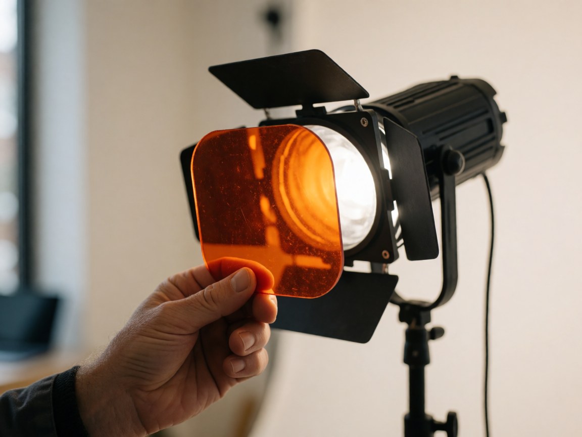Une main tenant un filtre gel orange devant une lumière de studio, détail d'un outil pour photographes de portrait dans un studio professionnel à murs blancs.