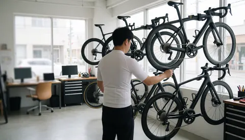 Un technicien ajuste le selle d'un vélo en carbone noir dans un atelier moderne avec grandes fenêtres et outils visibles.