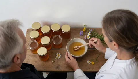 Un bol rempli de miel avec une cuillère, posé sur une table en bois rustique, entouré de pots de miel et de fleurs sauvages.