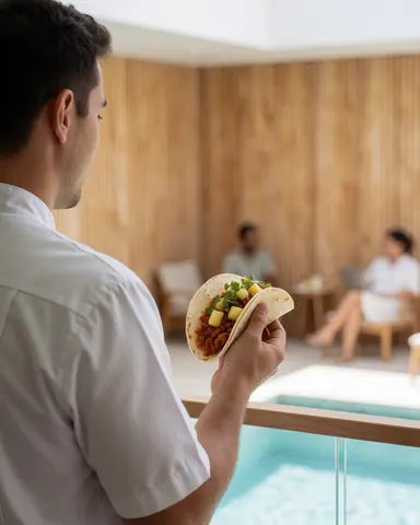 Un client profite d'un taco al pastor garni de pineapple et de coriandre à côté d'une piscine bordée de murs en bois clair.