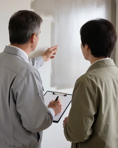 Un peintre professionnel présente une finition métallique sur un mur fraîchement peint à un client tenant un porte-documents.
