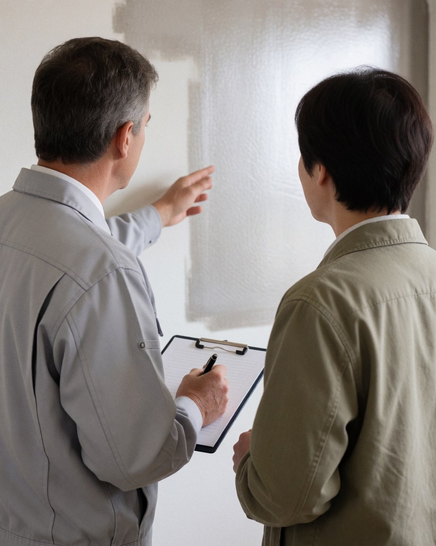 Un peintre professionnel présente une finition métallique sur un mur fraîchement peint à un client tenant un porte-documents.