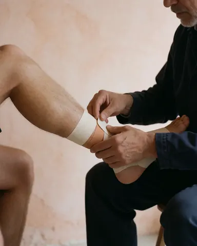 Un entraîneur applique une bande de soutien sur la jambe d'un athlète dans une salle d'entraînement.