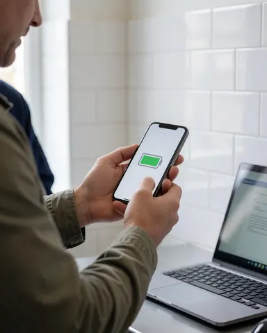 Une cliente examine la batterie de son téléphone portable dans un environnement intérieur aux murs carrelés blancs, illustrant un service de réparation réaliste.