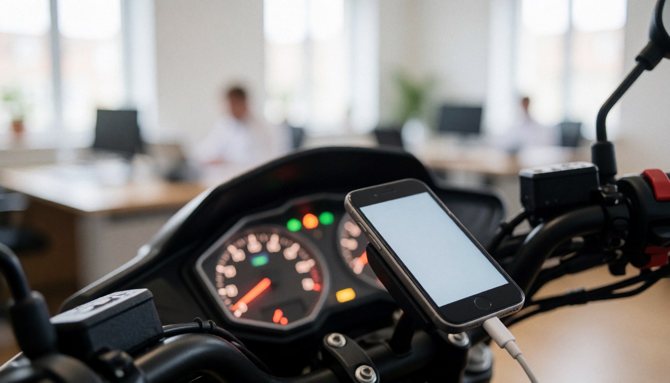 Moto-taxi avec téléphone connecté à un chargeur, tableau de bord lumineux, fond de bureau flou avec personnes.