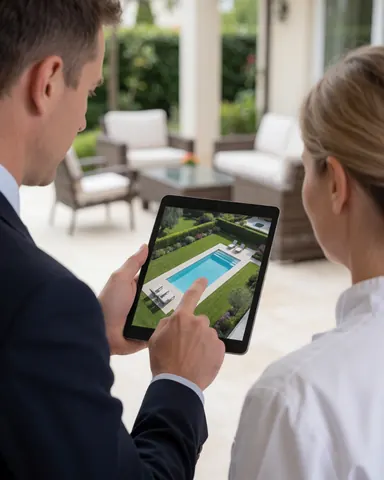 Un agent immobilier en costume montre à une cliente une vue aérienne d'une piscine sur une tablette dans un patio meublé, illustrant les services de photographie aérienne.