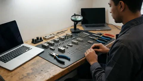 Un professionnel assemble des pièces métalliques dans son atelier en utilisant une loupe et des outils, démontrant précision et ordre.