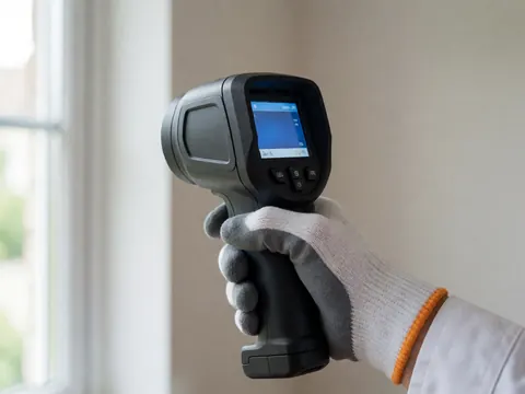 Gant tenant une caméra thermique affichant un écran bleu pour l'inspection de fenêtres et l'isolation thermique des bâtiments.