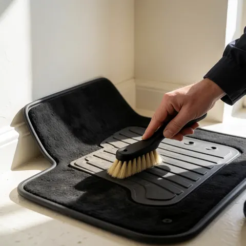 Main tenant une brosse à poils durs nettoyant un tapis noir de voiture sur un sol blanc avec lumière naturelle et murs blancs.